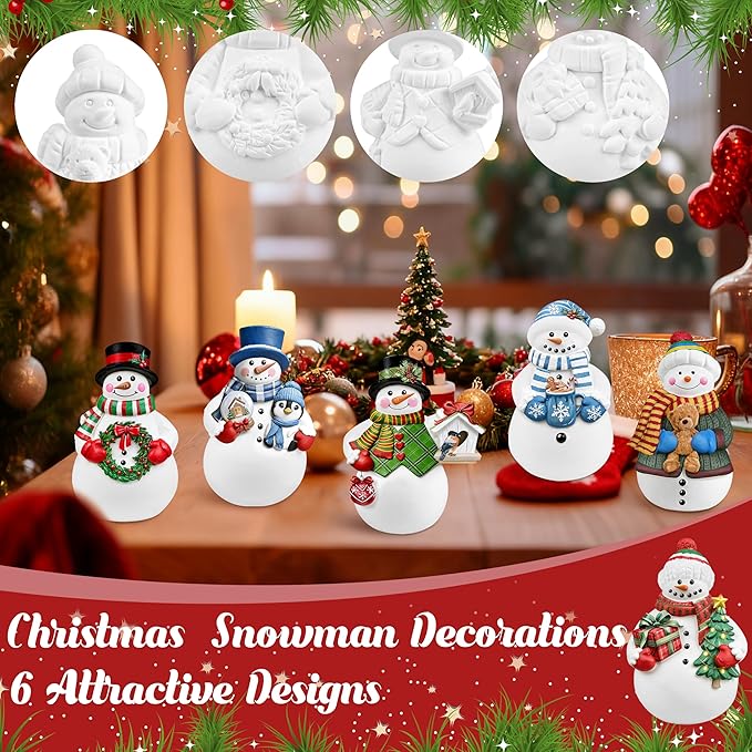 GuiZha 6 Sets Winter Christmas Ceramic to Paint DIY Snowman Plaster Paint Kit Unpainted Snowman Figurines Ready to Paint Ceramic Ornaments Christmas Crafts for Adults