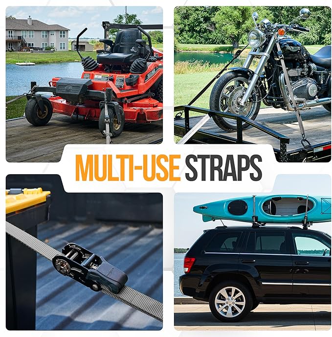 FORTEM Ratchet Straps, Tie Down Strap Set 2300lb Break Strength, 4 Pack 15ft x 1in, 4 Soft Loops, Moving Straps Tie Downs, Cargo Cam Buckles for Trucks, Carry Bag, for Men
