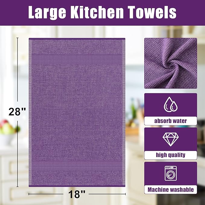 Homaxy Premium Kitchen Towels(18”x 28”, 12 Pack), Large Cotton Kitchen Hand Towels, Flat and Terry Dish Towels, 380 GSM Highly Absorbent Tea Towel Set with Hanging Loop, Purple