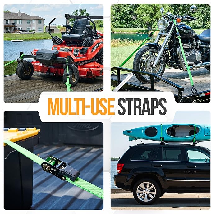 FORTEM Ratchet Straps, Tie Down Strap Set 2300lb Break Strength, 4 Pack 15ft x 1in, 4 Soft Loops, Moving Straps Tie Downs, Cargo Cam Buckles for Trucks, Carry Bag, for Men