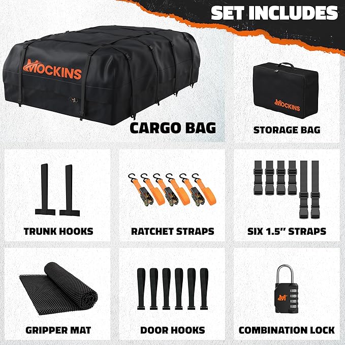 Mockins 35 Cu.Ft. Black Waterproof Rooftop Cargo Carrier Bag | 60"x42"x24" Car Roof Bag for Use with or w/o Roof Rack | Car Topper Luggage Carrier Waterproof Storage Set w/Mat, Straps, Hooks, & More