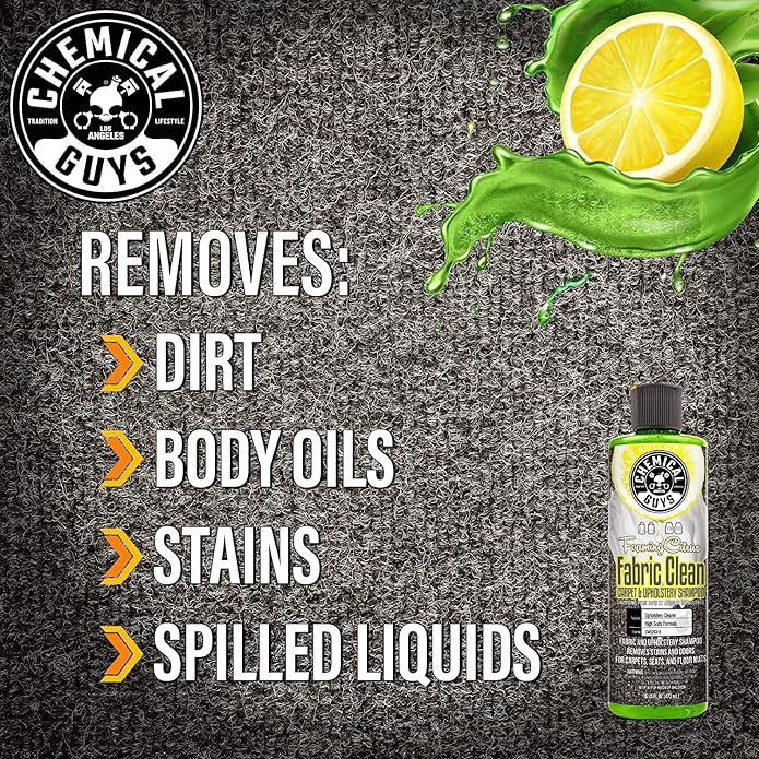 Chemical Guys Foaming Citrus Fabric Clean and Drill Brush Kit - High Foaming Stain and Odor Remover for Car Carpets, Upholstery, and Floor Mats, Deep Cleans and Deodorizes, Citrus Scent - 16 oz