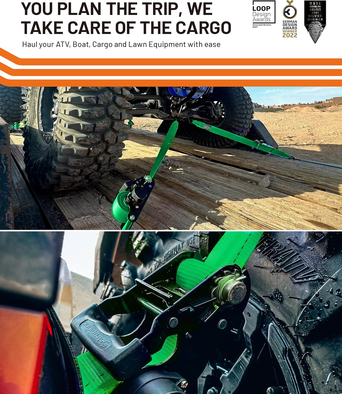 Strapinno Retractable Ratchet Tie-Down Straps,5,000 lbs Breaking Strength- 2 in x 12 ft Heavy Duty Ratchet Strap with Safety Lock S Hooks for Motorcycles, ATVs, UTVs, Lawn Equipment & Cargo (Green)