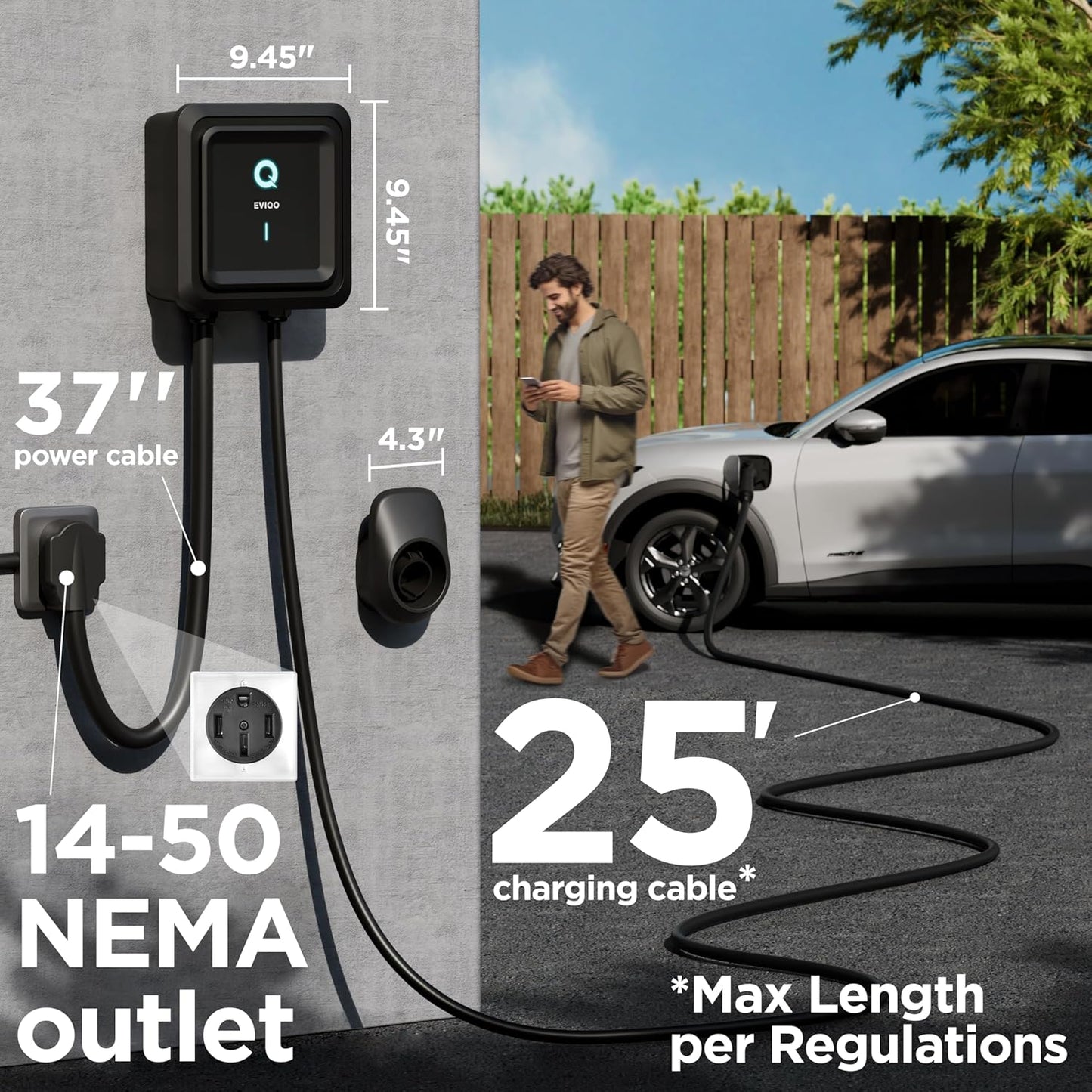 EVIQO Level 2 EV Charger - 48 Amp EV Charger Level 2-240V Electric Vehicle Charging Stations - Smart Wall EV Chargers for Home LEVEL2 - NEMA 14-50/Hardwired - 11.5kW EVSE J1772, Energy Star/UL