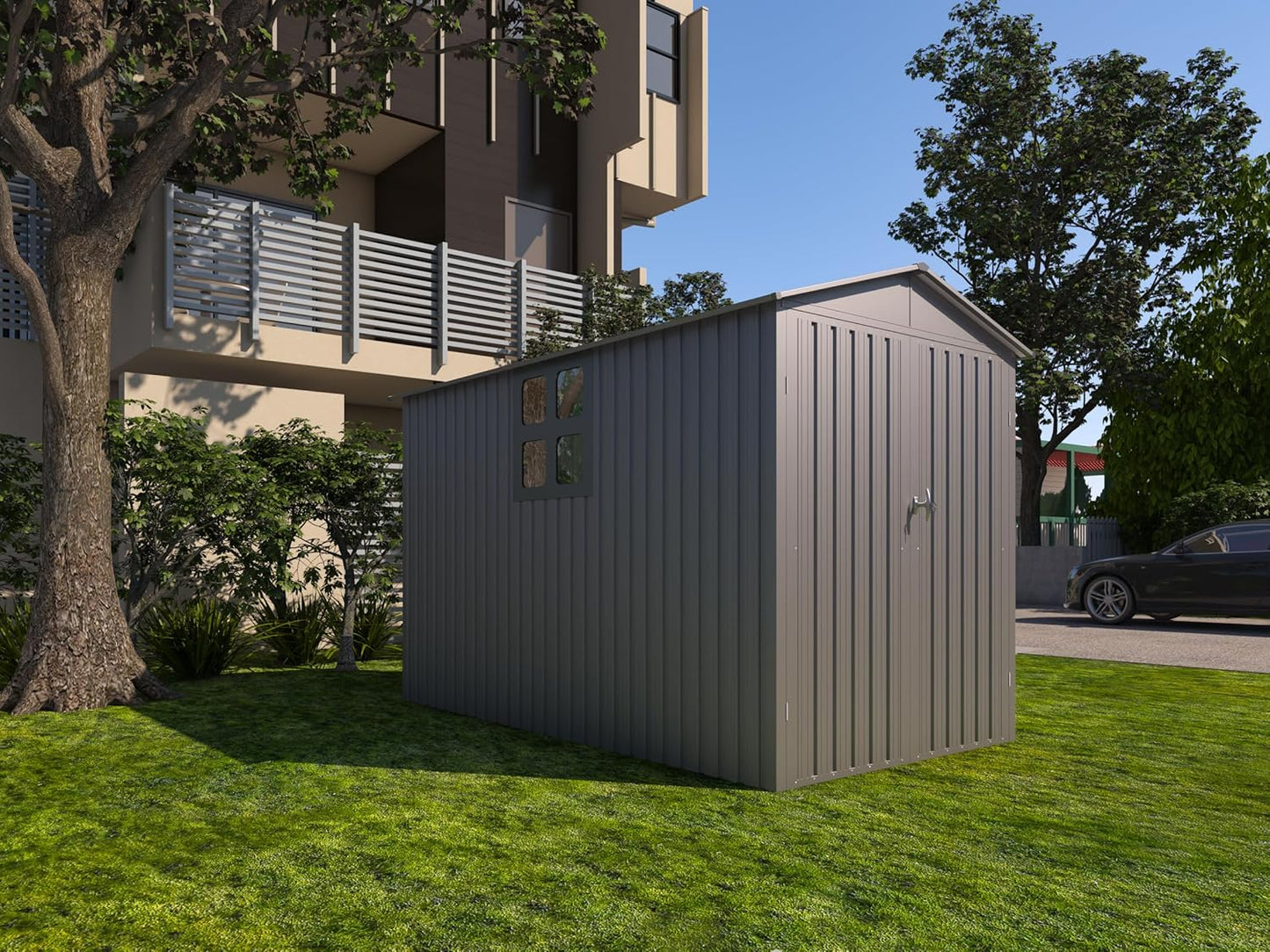 Motorcycle Steel Storage Shed with Window & Tracks,Outdoor Weather-Resistant Storage Box for Bikes, Tools, Sports Equipment,Easy Assembly, 121" W Gray