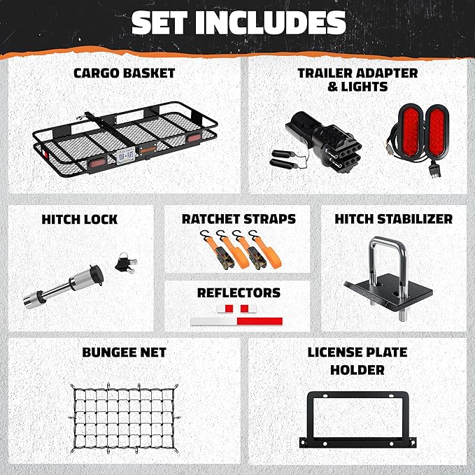 Mockins 60"x20"x6" Folding Trailer Hitch Cargo Carrier w/License Plate Holder, Rear Lights & More | 500Lbs. Cap Cargo Carrier Hitch Mount Basket | Weatherproof Luggage Rack for SUV, Car, Truck & RV