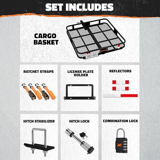 Mockins 40"x40"x6" Extra Deep Square Trailer Hitch Cargo Carrier w/Plate Bracket | 500 Lbs Cap Heavy Duty Cargo Hitch Carrier Rack for Furniture, Appliances & More | Car Trailer Basket w/Accessories