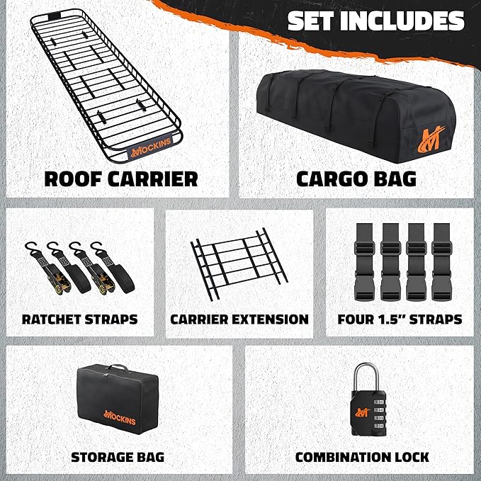 Mockins 85"x24"x4" Extendable Skinny Roof Basket Cargo Carrier w/ 20 CuFt Soft Roof Rack Bag | 250 Lbs. Capacity Rooftop Cargo Carrier for Top of Vehicle | Car Topper Luggage Carrier Waterproof Set