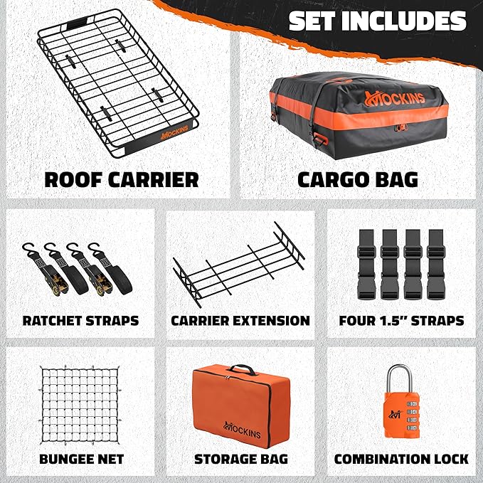 Mockins 64"x39"x6" Steel Roof Rack Cargo Carrier for Top of Vehicle & 20 CuFt Waterproof Rooftop Cargo Bag | 250 Lbs. Capacity Extendable Car Rooftop Cargo Carrier with Car Top Carrier Accessories