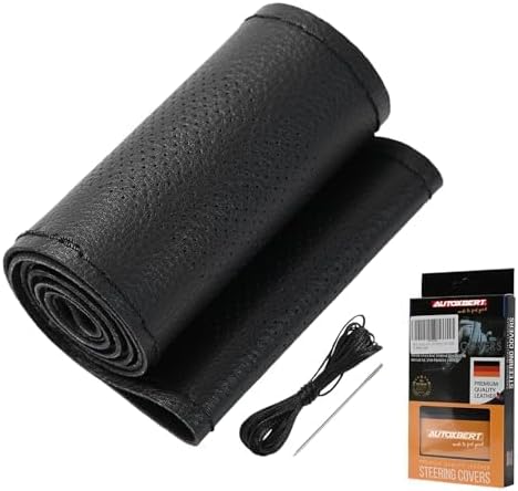 AUTOXBERT 38cm/15 Inch Genuine Leather DIY Steering Wheel Cover Soft Hand Sewing On Wrap Cover with Needles Thread fit for VW Ford Nissan Kia Vauxhall