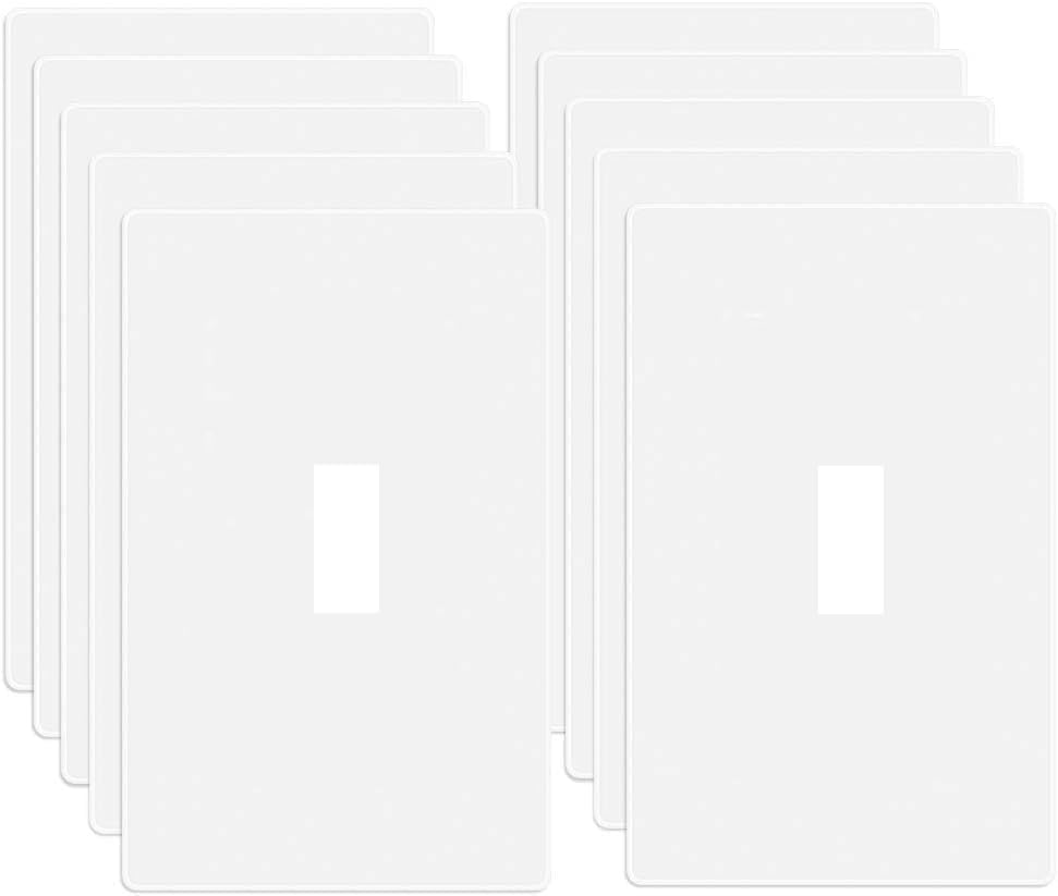 1-Gang Screwless Toggle Switch Wall Plate Cover Toggle Switch Outlet Electrical Faceplate for Light Switch, Receptacle, Dimmers, USB Outlet, GFCI, Child Safe Cover Plate, White (10-Pack)