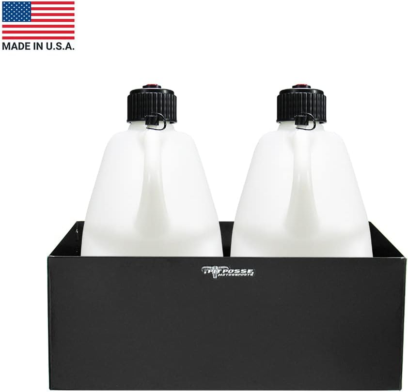 Pit Posse 430BK Double Utility Fuel Jug Rack Holder Shelf 23" Fits 2 Five Gallon Jugs - Made in USA - Enclosed Race Trailer Garage Shop Aluminum Storage Organizer - Includes Mounting Hardware (Black)