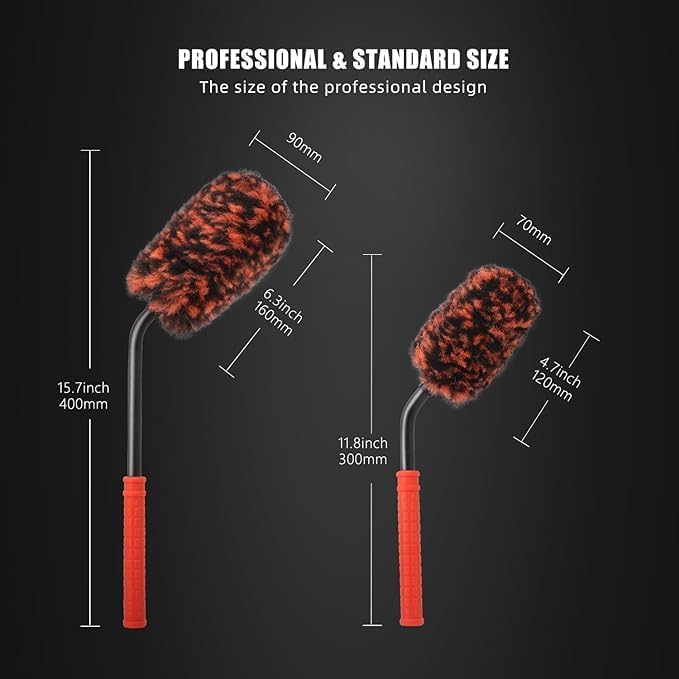 SPTA Angled Car Wheel Brush Set, 2Pcs Car Detailing Cleaning Brush Synthetic Wool Rim Cleaner Brush, Flat Spoke Brush, Metal Free Rim Tire Detail Brush, Remove Brake Dirt Behind Your Rim Accessories