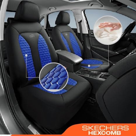 Skechers Memory Foam™ Car Seat Covers, Hexcomb Breathable Thick Seat Covers Two Front Seat Covers, Airbag Compatible, Automotive Comfort & Protection for Most Cars,Van,Trucks, SUVs (Blue,Two Front)