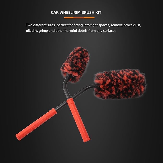 SPTA Angled Car Wheel Brush Set, 2Pcs Car Detailing Cleaning Brush Synthetic Wool Rim Cleaner Brush, Flat Spoke Brush, Metal Free Rim Tire Detail Brush, Remove Brake Dirt Behind Your Rim Accessories