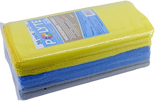 POLYTE Premium Microfiber Cleaning Towel,16x16 in 36 Pack (Blue,Gray,Yellow)