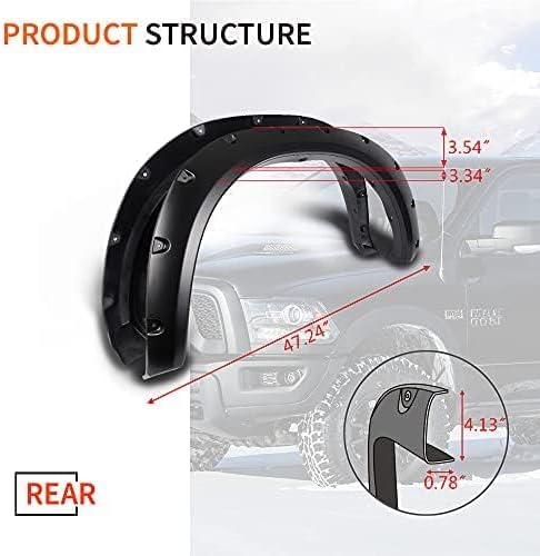 G-PLUS Fender Flares, Compatible with Dodge Ram 1500 2009-2018, Compatible with Dodge Ram 1500 Classic 2019-2022(Excludes R/T and Rebel Models),Paintable Smooth Matte Black Pocket Riveted Style