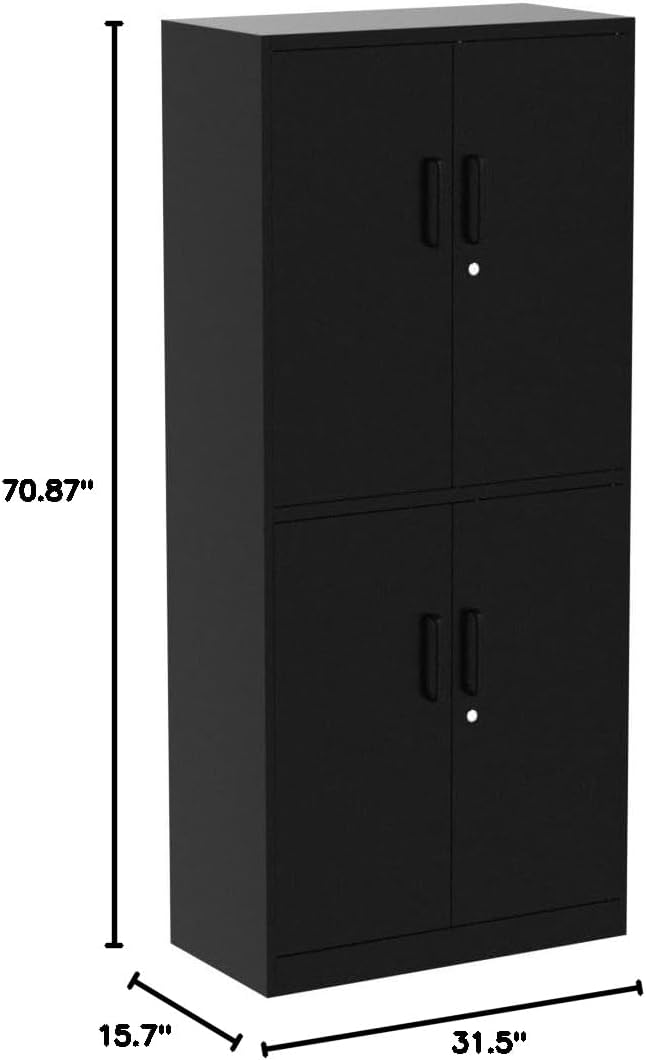 Yizosh Metal Storage Locking Cabinet with 4 Doors and 2 Adjustable Shelves,71" Lockable Garage Tall Steel Cabinet,for Home Office,Living Room,Pantry,Gym,Commercial Storage (Black)