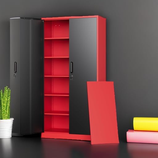 Letaya Metal Garage Storage Cabinets with Lock, 71" Tall Locker Organizer Steel Tool Cabinets,5 Adjustable Shelves 2 Doors for Home Office, Warehouse,Garage,Industrial,Employee (Black Red)