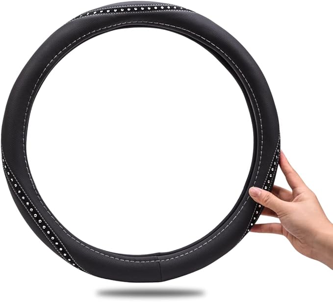 CAR PASS Bling Diamond Black Leather Steering Wheel Cover, Studded Crystal Rhinestones Universal Fit 14" 1/2-15" Glitter for Women Sparkle Girl Fit Suvs,Vans,Sedans,Car,Trucks, Silver Diamond