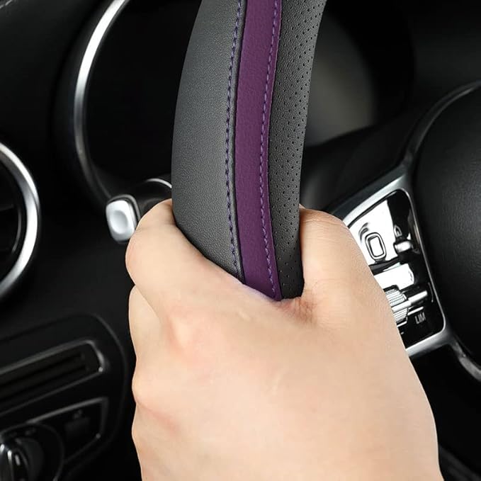 Car Steering Wheel Cover, Leather Steering Wheel Cover Purple Universal 14.5-15 Inch Microfiber Leather Anti-Slip Breathable Auto Steering Wheel Covers for Men Women (Black&Purple)