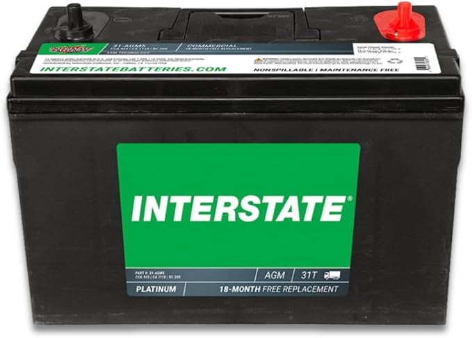 Interstate Batteries Marine Deep Cycle Battery 12V 100Ah 925CCA (31-AGM5) Pure Matrix Power Commercial Battery Pure Lead AGM Replacement (Group 31) Auxiliary Units APU, Starting Engines, Heavy Duty