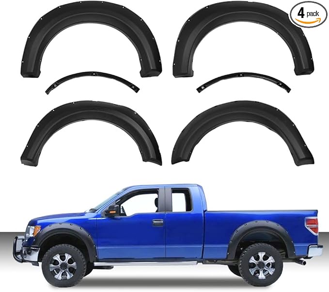 4PCS Fender Flares Compatible with 2009-2014 Ford F150 Styleside with 67.0"/78.8"/97.4" Bed Length Models Only Pocket Rivet Style Smooth Wheel Cover Trim Accessories 9L3Z16039B, FO1268100