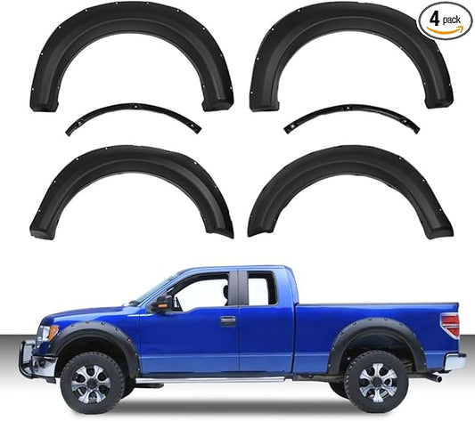4PCS Fender Flares Compatible with 2009-2014 Ford F150 Styleside with 67.0"/78.8"/97.4" Bed Length Models Only Pocket Rivet Style Smooth Wheel Cover Trim Accessories 9L3Z16039B, FO1268100