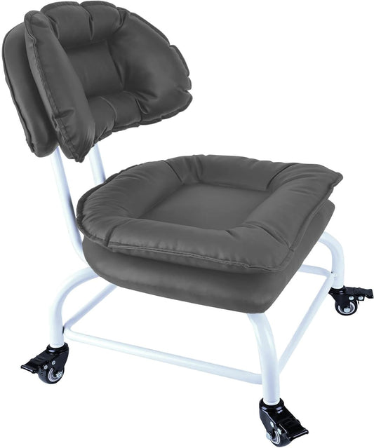 Rolling Stool Wide Seat with Back Rolling Chair 4 Wheels with Brakes for Home Office Garage Shop Waterproof Roller Seat Durable Steel Stand Dark Gray