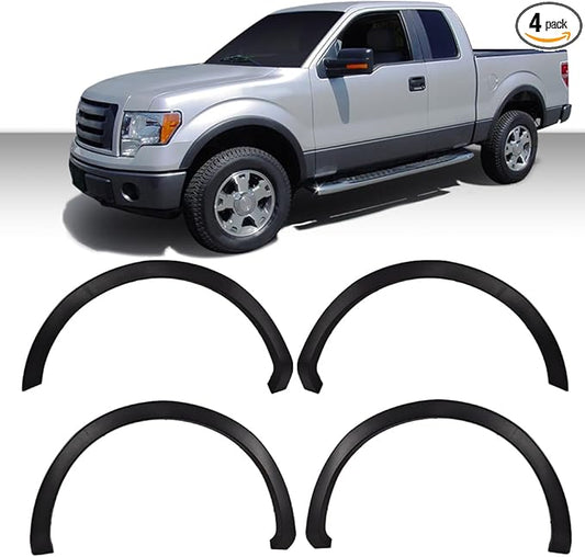 4PCS Fender Flares Fit Ford F150 Style Side w/ 67.0" / 78.8" / 97.4" Bed Length Models 2009-2014, Not Fit Platinum and Raptor Model Textured Factory Style Wheel Trim 9L3Z16038A, 9L3Z16038B, 9L3Z16039B