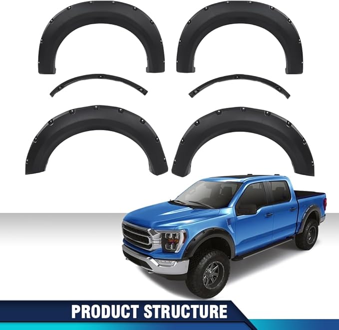 PIT66 Fender Flares Compatible with Ford F150 Styleside with 67.0"/78.8"/97.4" bed length models 2009-2014 (Do not fit Platinum and Raptor models) 4PCS Black Pocket Rivet Style Textured