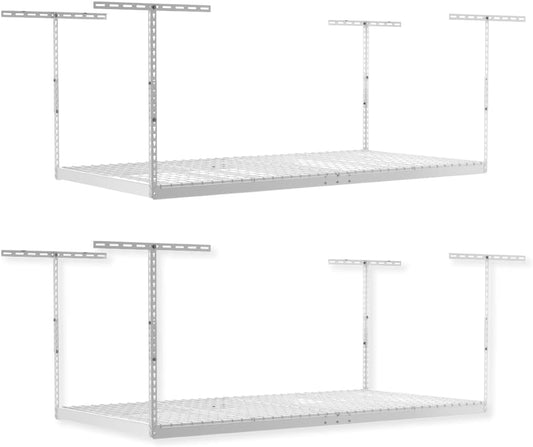 SafeRacks Overhead Garage Storage Rack, Heavy Duty Racks for Garage w/ 600 lb Capacity, Easy Garage Storage Adjustable Storage Rack Ceiling Mount Storage for Garage 4x8 White, 12"-21" (2 Pack)