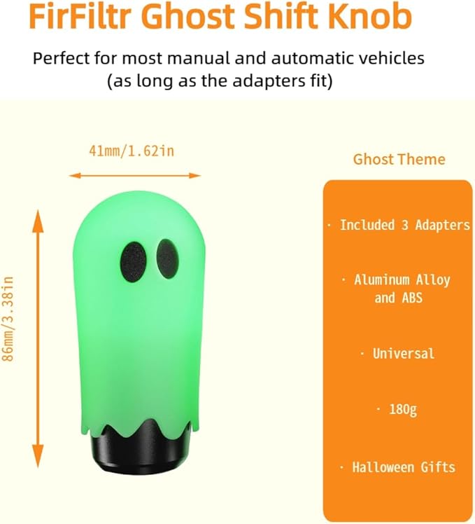 Universal Ghost Gear Shift Knob with 3 Threaded Adapters M8 M10 M12,Fits for Most Vehicles,Spooky Car Accessories Funny Gear Shifter Handle On Halloween(Ghost-Fluorescence)