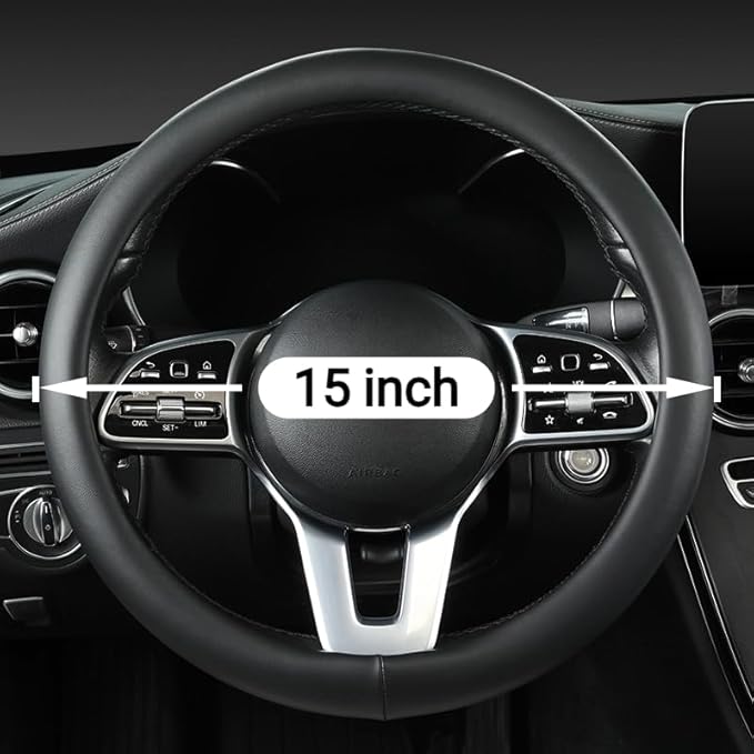 Cowhide Steering Wheel Cover Heat Resistant Anti-Slip Car Wheel Wrap Compatible with Most Makes and Models of Cars and Trucks with 14.5 to 15 Inch Steering Wheel (Black-1)