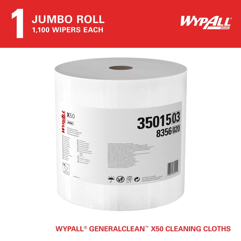 WypAll GeneralClean X50 Cloths Cleaning Wipes (35015), Jumbo, Strong Towels for Extended Use, White (1 Roll of 1,100 Sheets, 1,100 Sheet Total)