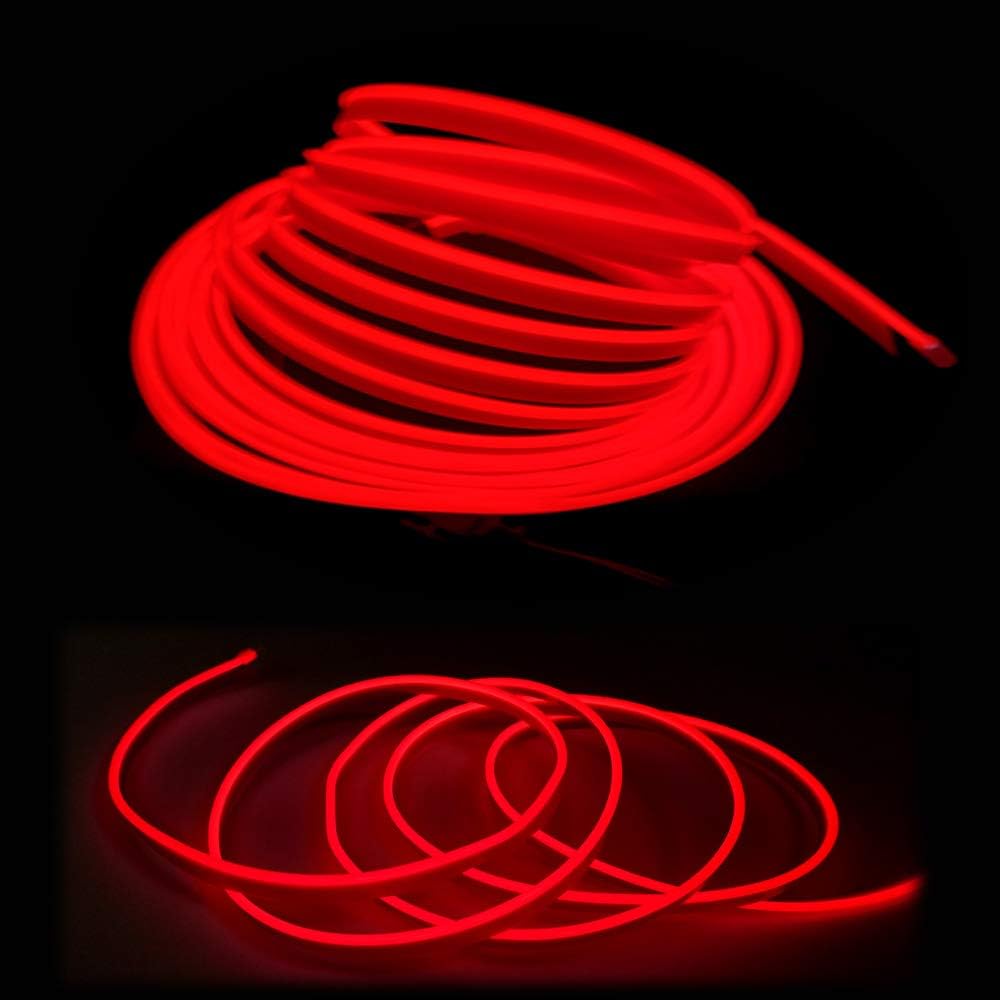 El Wire Red Interior Car LED Strip Lights, 5M Neon Wire USB 5V with Fuse Protection for Automotive Interior Decoration, with 6mm Sewing Edge