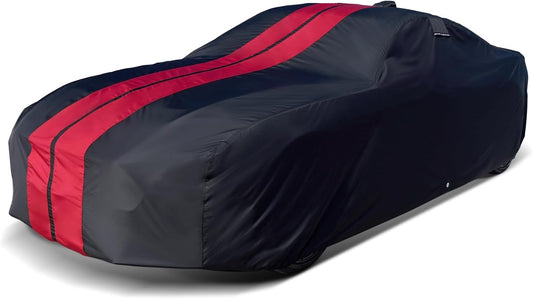 iCarCover Custom Car Cover for Pontiac Lemans Hatchback (1988-1993) Waterproof All-Weather Rain Snow UV Sun Protector Full Exterior Indoor Outdoor Car Cover (Stripe - Black/Red)