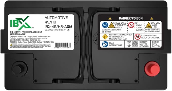 Interstate Batteries IBX Automotive Battery 12V 95Ah (Group Size H8, 49) 900CCA SLI AGM Auto Replacement Battery for Cars, SUVs, Sedans, Trucks (IBX-49/H8-AGM)
