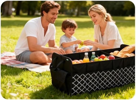 MIU COLOR Trunk Organizer for SUV, Car Organizer, Collapsible Trunk Organizer for Car, Non-Slip Storage Organizer for Sedans, Van, Jeep, Grocery, Large 4 Compartments, Black Grid 32"×13"×12"