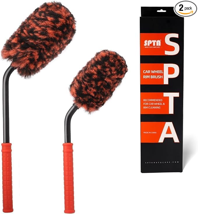 SPTA Angled Car Wheel Brush Set, 2Pcs Car Detailing Cleaning Brush Synthetic Wool Rim Cleaner Brush, Flat Spoke Brush, Metal Free Rim Tire Detail Brush, Remove Brake Dirt Behind Your Rim Accessories