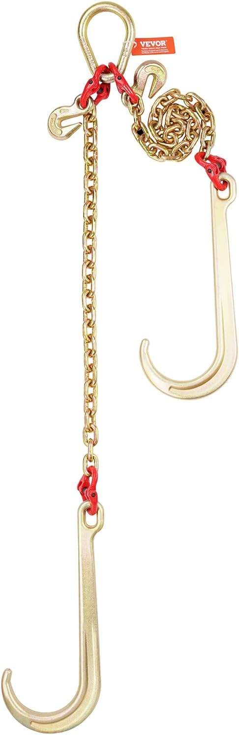 VEVOR G80 V Bridle Chain, 5/16" x 2' Towing Chain Bridle with 15" J Hooks and Grab Hooks, Heavy Duty Transport Tow Chain Bridle with 10800 lbs Safe Working Load for Flatbed Truck Wrecker Recovery