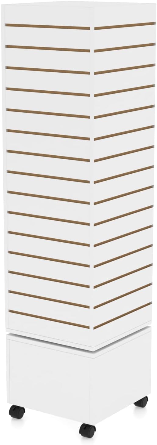 WISDOMFUR Rotating Slatwall Display Rack – 16"x16"x60" White Spinning Tower with Wheels – Retail Display Fixture for Accessories, Hooks & Shelves