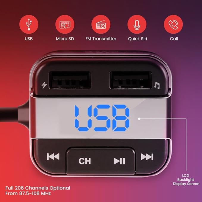 Pyle Cigarette Lighter Bluetooth FM Transmitter - Universal Wireless Car Bluetooth Adapter, Music Audio Stereo Radio Receiver w/Mic, Handsfree Calling, Siri/Google Asst, USB, SD Card Slot - PBT91.5