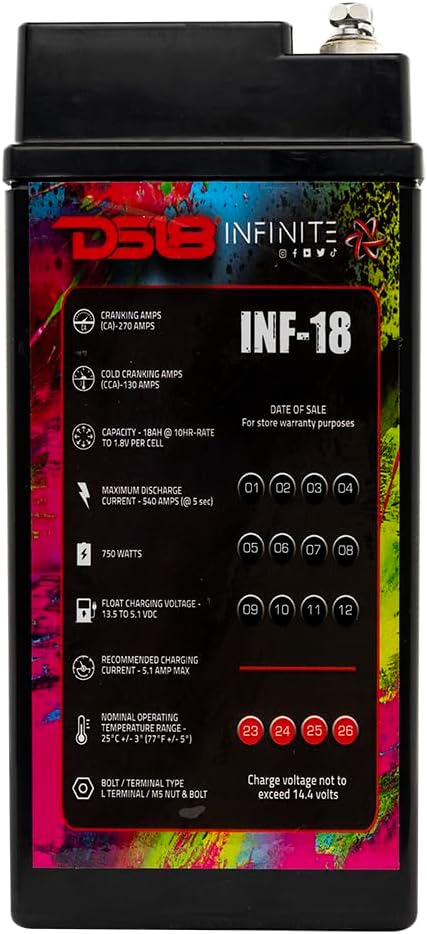 DS18 INF-18 18 AH 750 Watt AGM Power Cell 12 Volt Battery - Maintenance Free - Great Compact High Performance Battery for Car Audio, Motorsports, Motorcycle, Jet Ski, ATV and UTV - Sealed AGM Battery