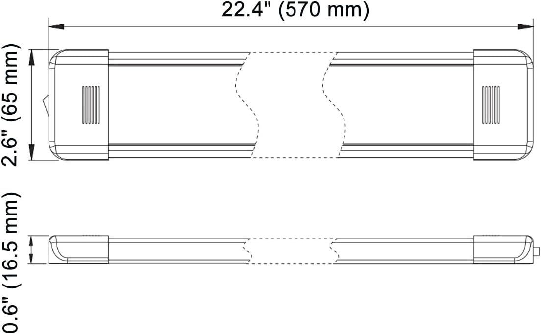 LED Interior Utility Light Fixture 22.4" x 2.6", High Lumen-Output Low Current Draw Energy Efficient, Frosted Lens 6000K Cool-White Even Diffused Beam, On/Off Rocker Switch 12V-24V DC, 1-Pack