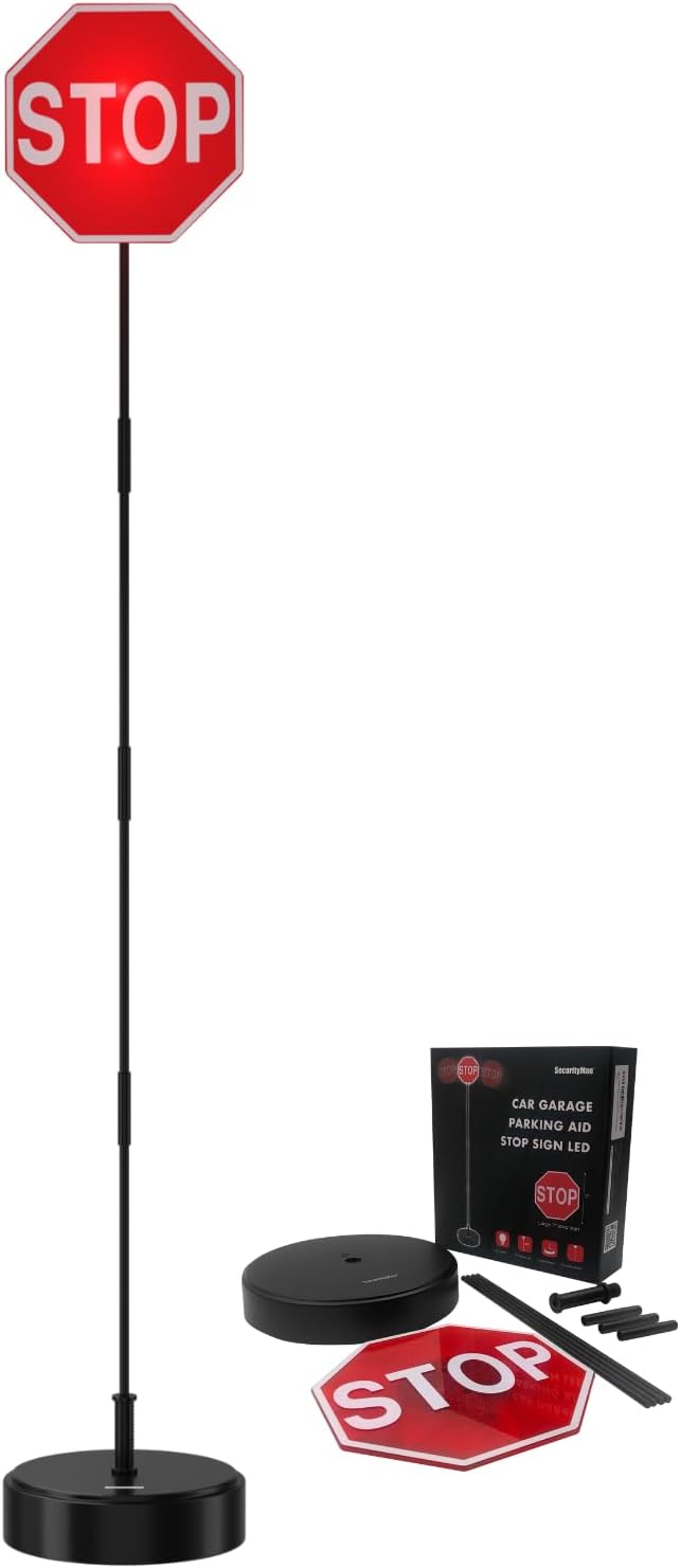 Securityman Garage Parking Aid with LED Stop Sign [Upgraded Base] – Large 7" Sign, Bright Red LEDs, Adjustable Height – Garage Car Stopper & Parking Assist Indicator