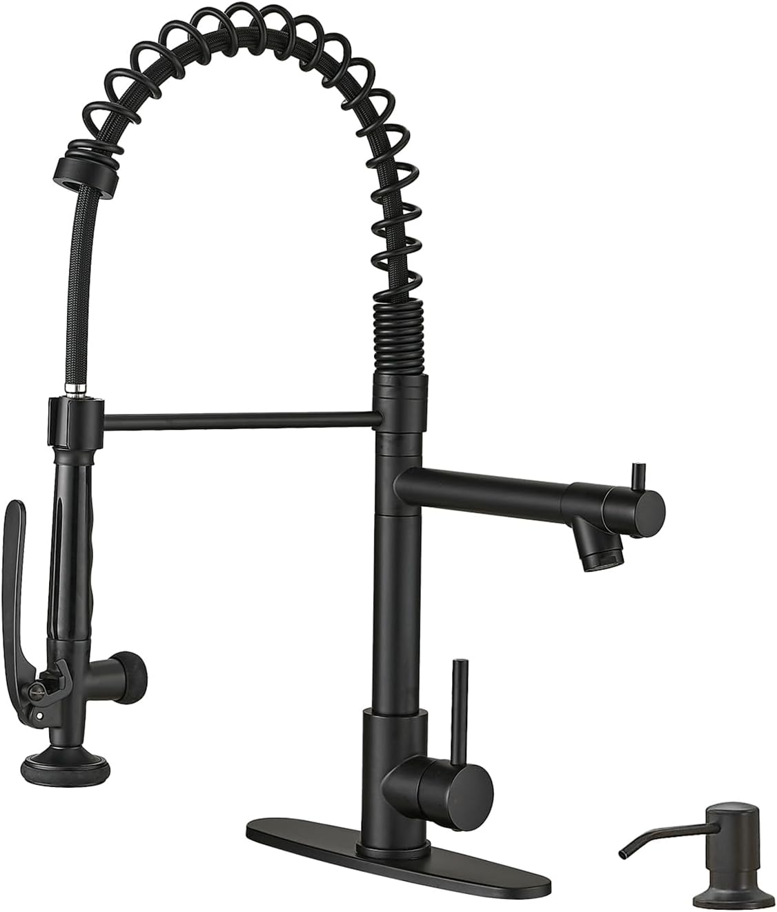 Fapully Commercial Pull Down Kitchen Sink Faucet with Sprayer Matte Black Single Handle Faucets for Kitchen Sink, Kitchen Faucet with Soap Dispenser and Deck Plack for 4 Hole