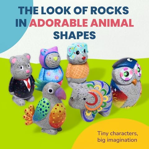 Rock Buddies - DIY Resin Shaped Stone Like Material Animal Figures - Ideal Arts and Crafts for Kids 3-12 Yrs old - Complete Kids Painting Crafts with 6 Projects, Paint, & Brush - Children's Activities