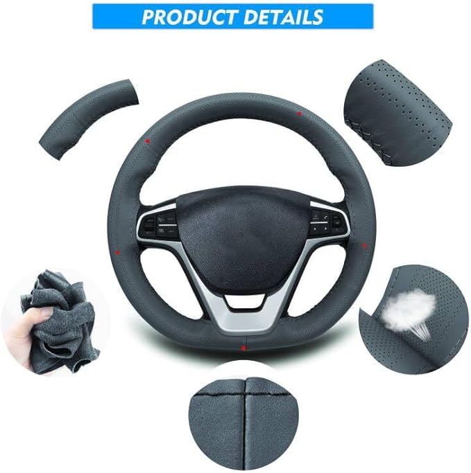 Carodi Leather Steering Wheel Cover, Breathable Non-Slip Design, Soft and Comfortable Feeling, Universal 15 Inch Auto Car Steering Wheel Stitch on Wrap（Size M, Gray）