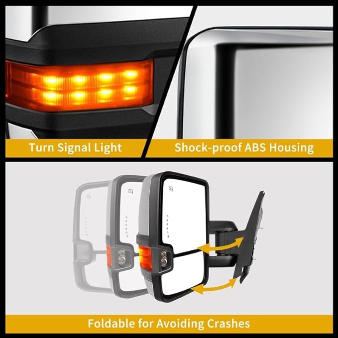 DWVO Towing Mirror Set of 2 Fits for 2007-2013 Chevy Silverado/Sierra/Tahoe/Suburban, Side Mirror with Power-Heated, LED Signal & Foldable Design, Direct Fit Rear View Mirror, Black